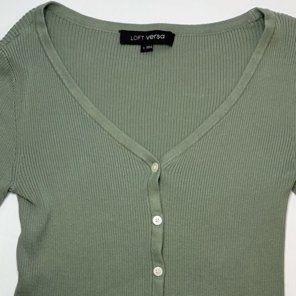 LOFT Versa Ribbed V-Neck Cardigan Frosted Sage Green Size S - Picture 4 of 13